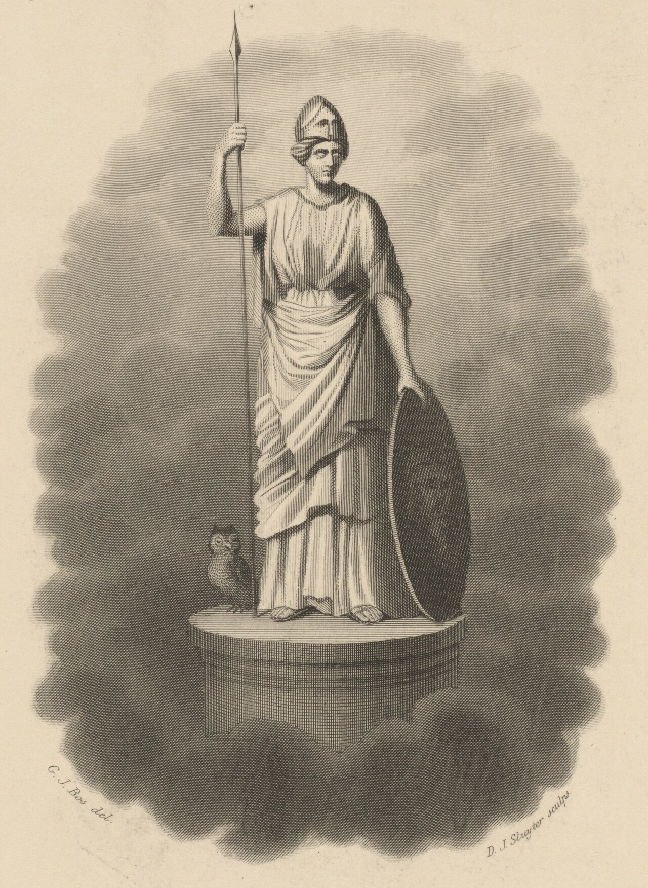 Engraving of Minerva standing on a pedestal with spear, shield and owl